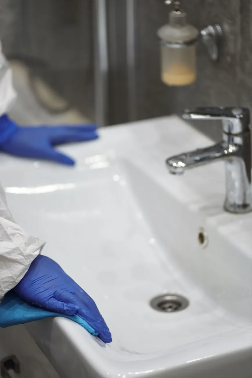 Gloved hands wiping down a white bathroom sink